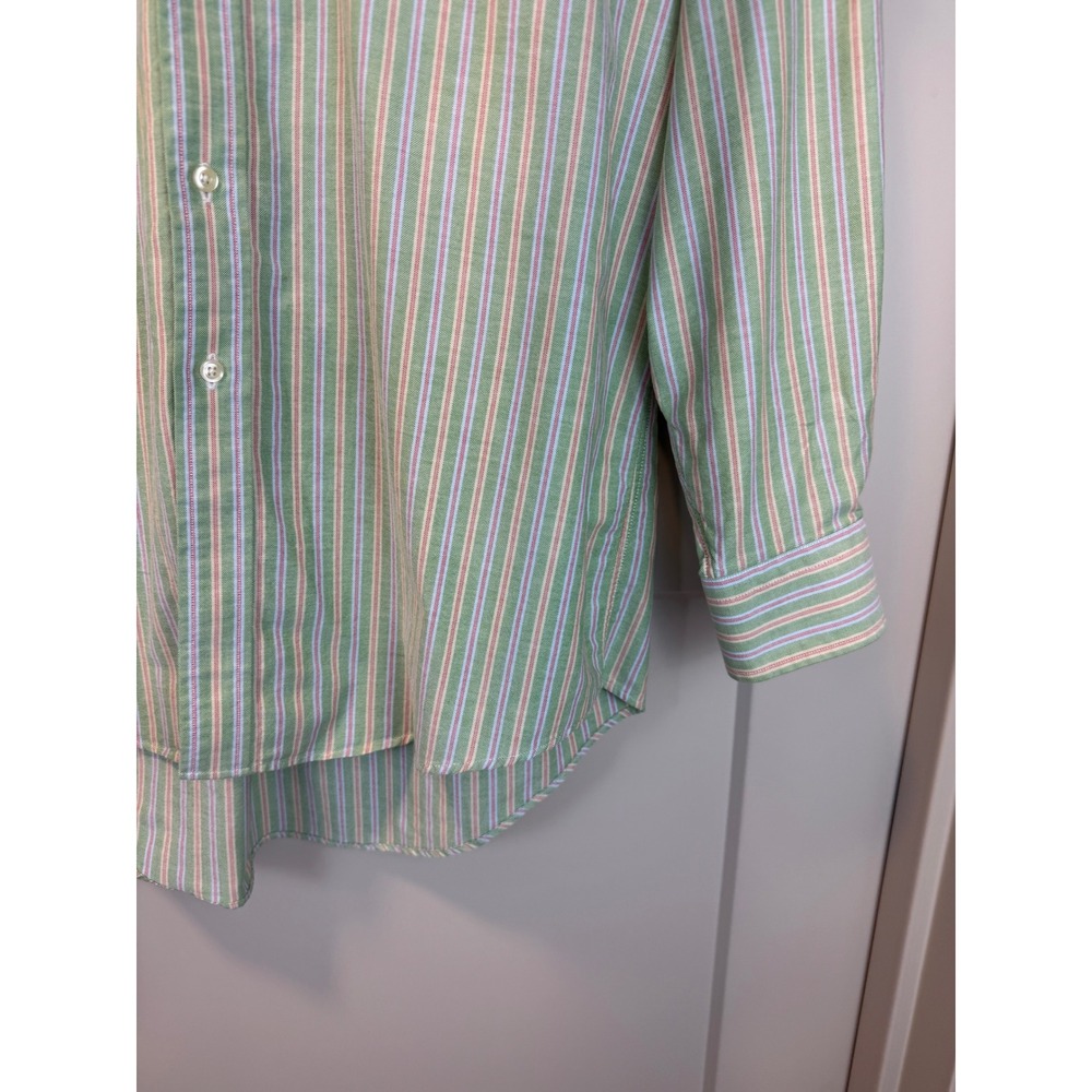Lands' End Original Oxford Button Down Shirt Size 16.5 / 32 Green Pink Stripe - Picture 2 of 8